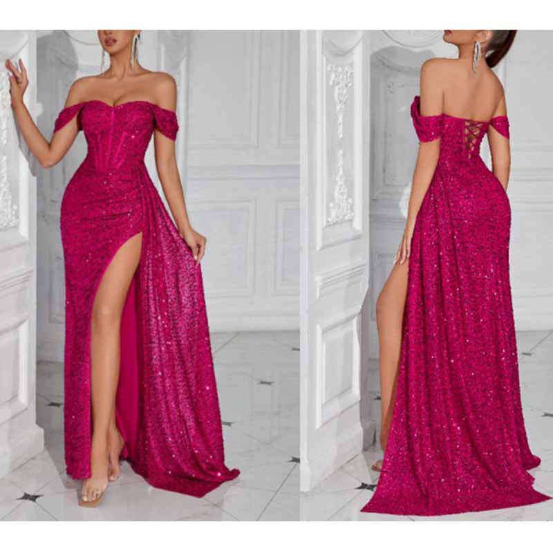 Off Shoulder Sequin Dress | High Split Long Prom Evening Gown