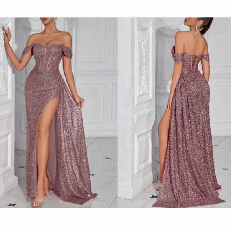 Off Shoulder Sequin Dress | High Split Long Prom Evening Gown
