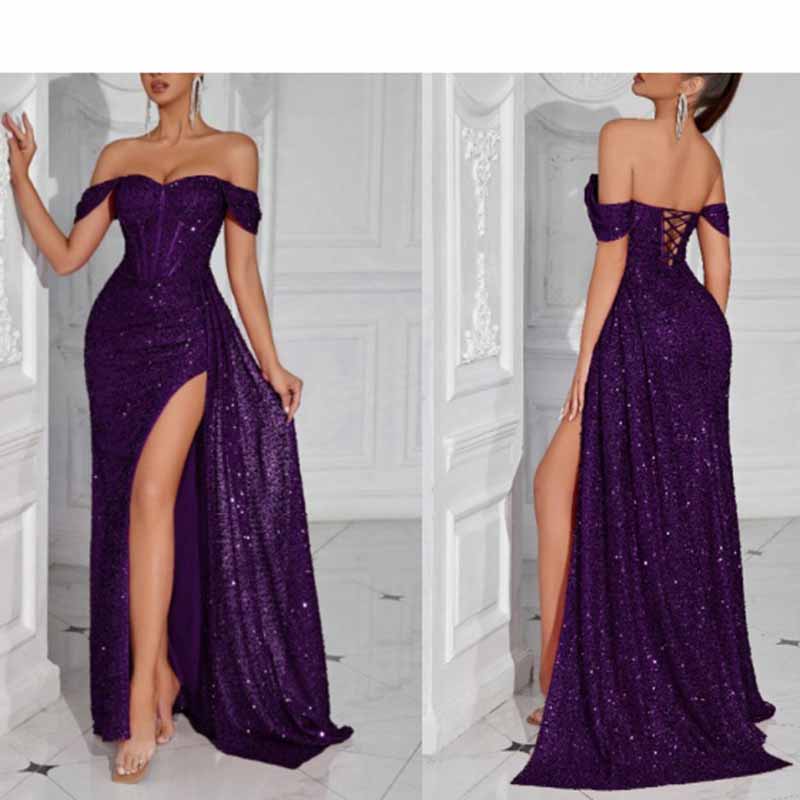 Off Shoulder Sequin Dress | High Split Long Prom Evening Gown
