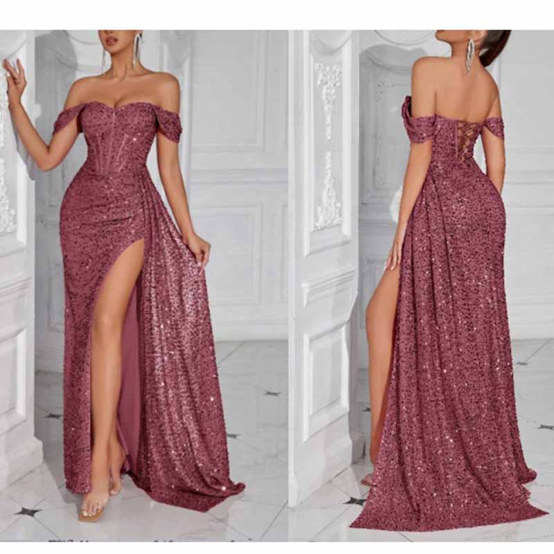 Off Shoulder Sequin Dress | High Split Long Prom Evening Gown