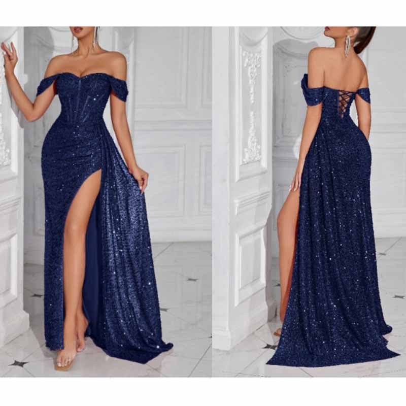 Off Shoulder Sequin Dress | High Split Long Prom Evening Gown
