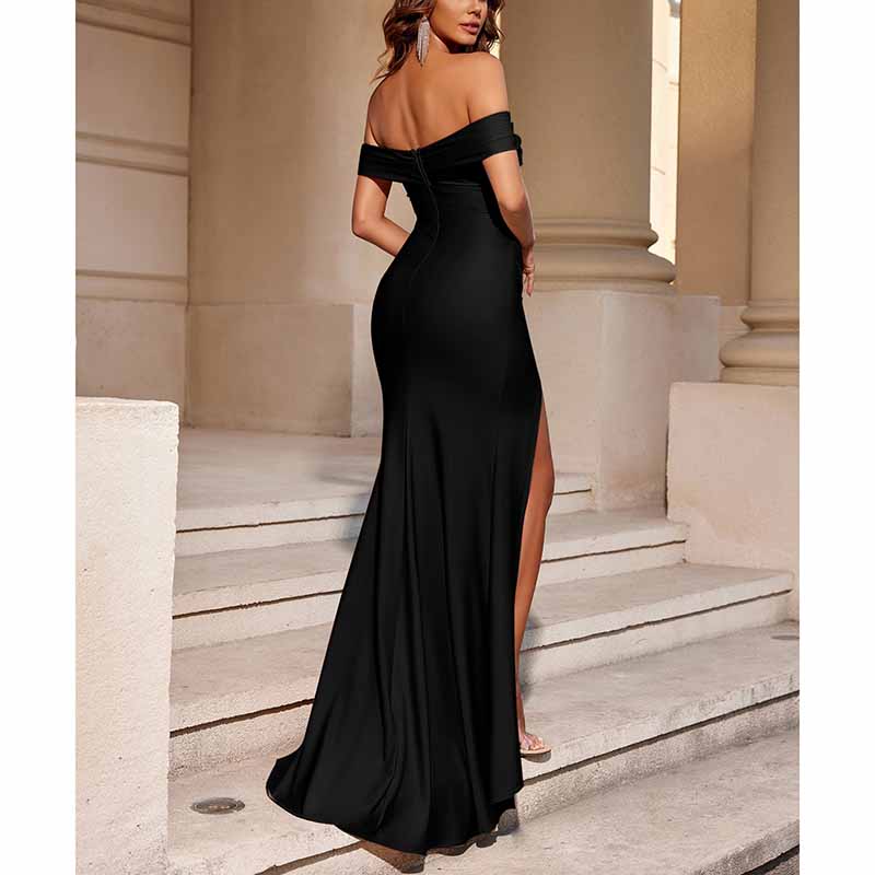 Off Shoulder Satin Mermaid Dress | Long Split Evening Gown