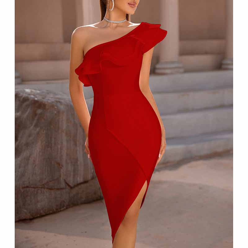 One Shoulder Bodycon Dress | Ruffled Edge Evening Party Dress