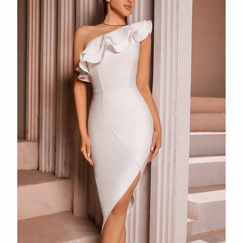 One Shoulder Bodycon Dress | Ruffled Edge Evening Party Dress