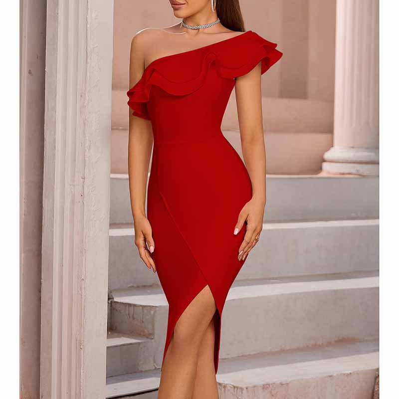 One Shoulder Bodycon Dress | Ruffled Edge Evening Party Dress