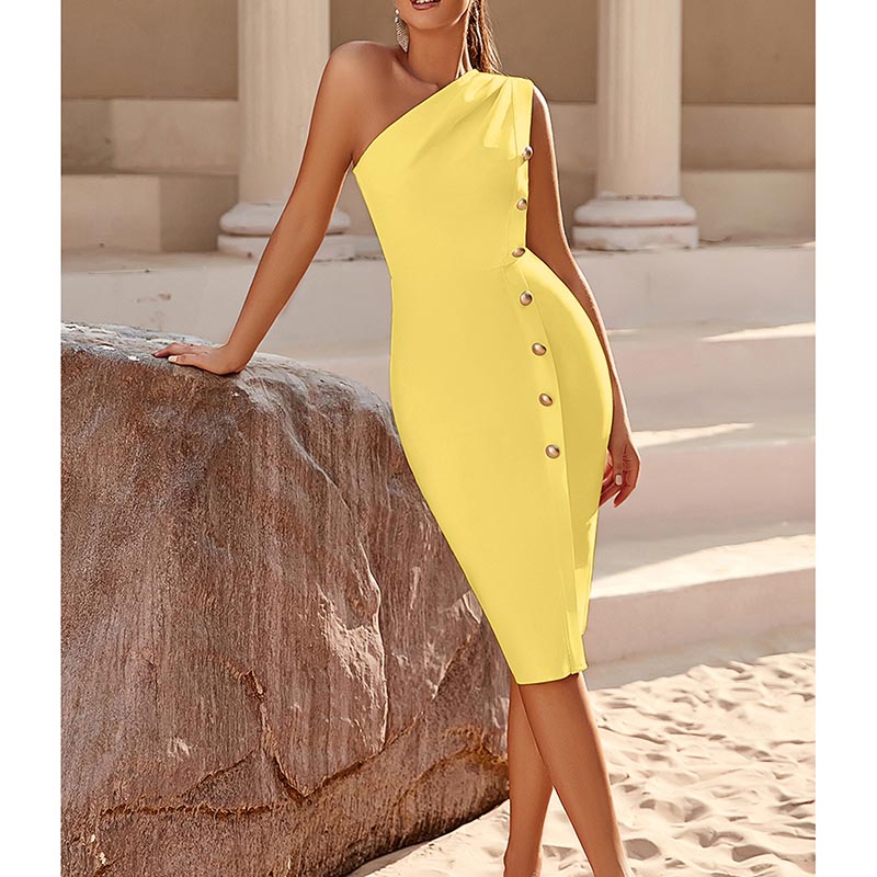 Single Shoulder Bandage Dress Body-con Event Dress Party Cocktail Dress with Buttons