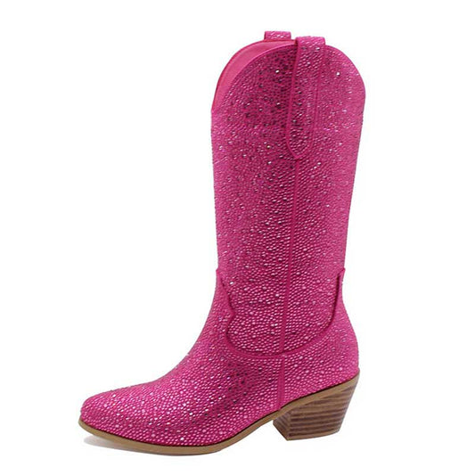 Women's Pink Rhinestone Sparkly Mid Calf Cowgirl Boots