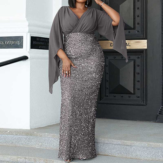 Plus Size Long Sleeves Sequined Prom Dress Long Evening Ball Gowns Party Dress