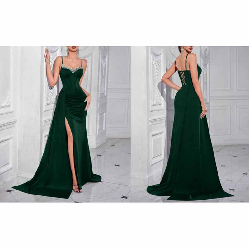 Spaghetti Strap Rhinestone Dress | High Split Satin Evening Gown