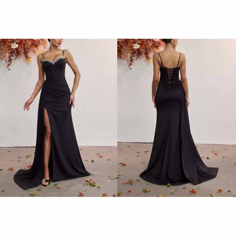 Spaghetti Strap Rhinestone Dress | High Split Satin Evening Gown