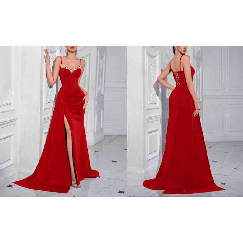 Spaghetti Strap Rhinestone Dress | High Split Satin Evening Gown