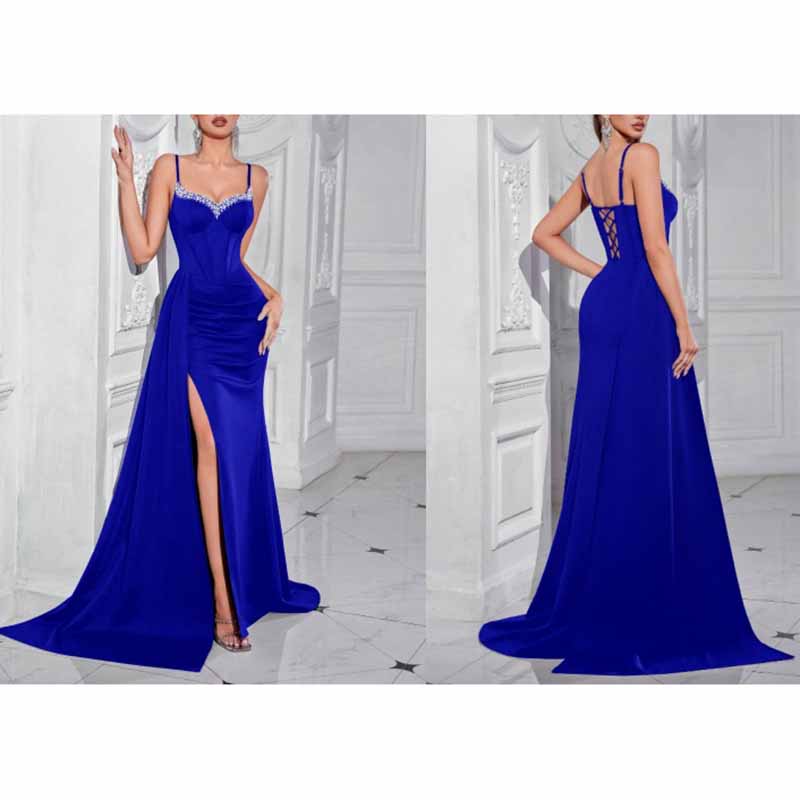 Spaghetti Strap Rhinestone Dress | High Split Satin Evening Gown