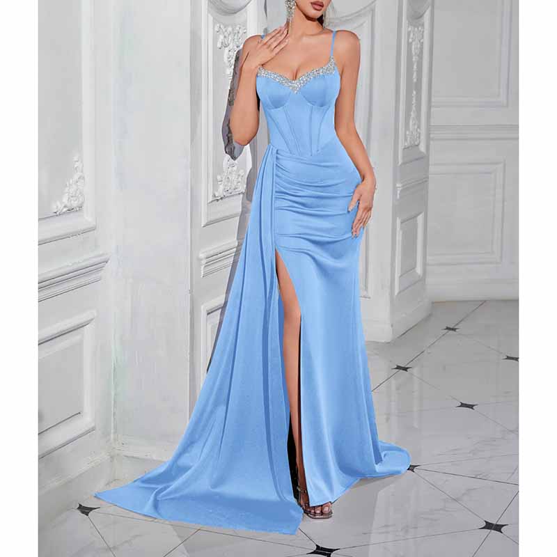 Spaghetti Strap Rhinestone Dress | High Split Satin Evening Gown
