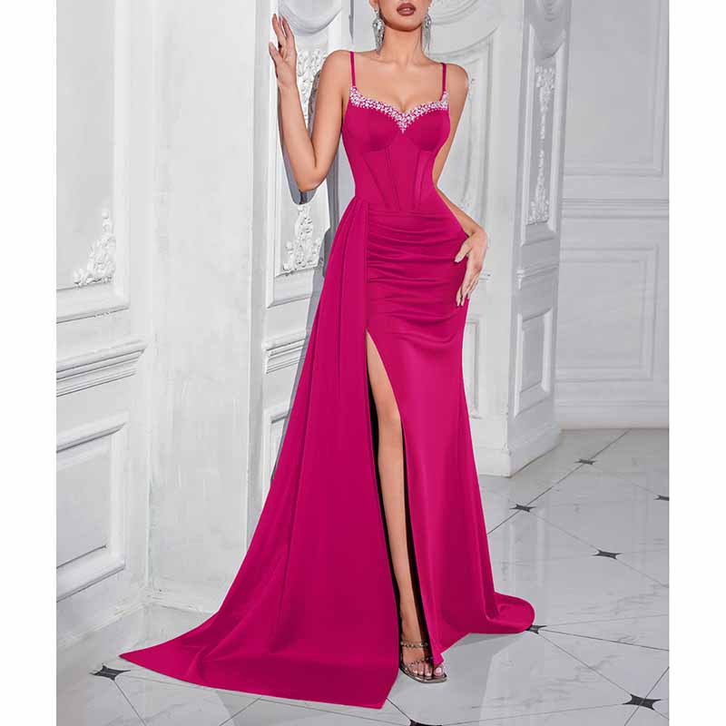 Spaghetti Strap Rhinestone Dress | High Split Satin Evening Gown