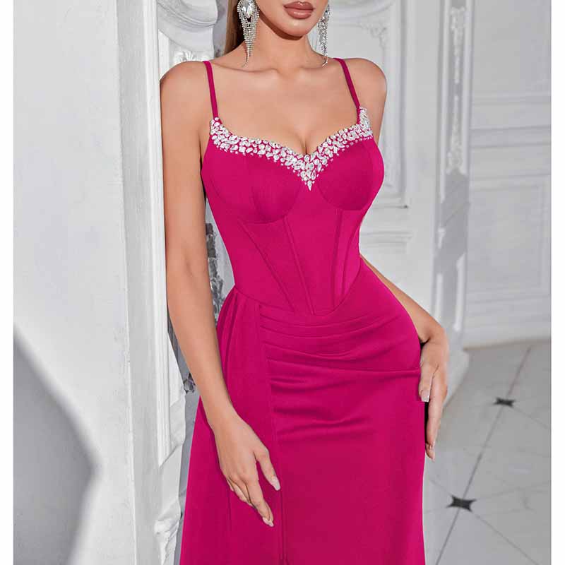 Spaghetti Strap Rhinestone Dress | High Split Satin Evening Gown