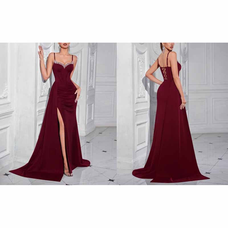 Spaghetti Strap Rhinestone Dress | High Split Satin Evening Gown