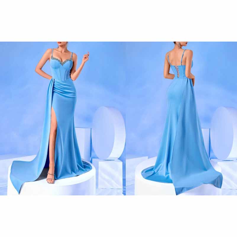 Spaghetti Strap Rhinestone Dress | High Split Satin Evening Gown