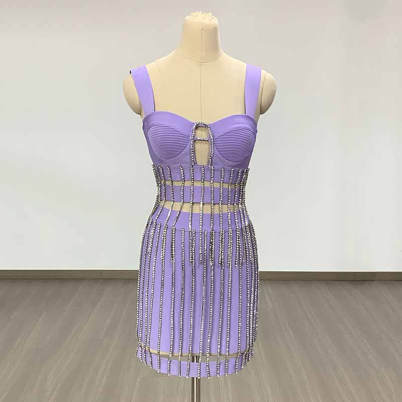 Lavender Two Pieces Skirt Suit Rhinestone Tassels Formal Suit