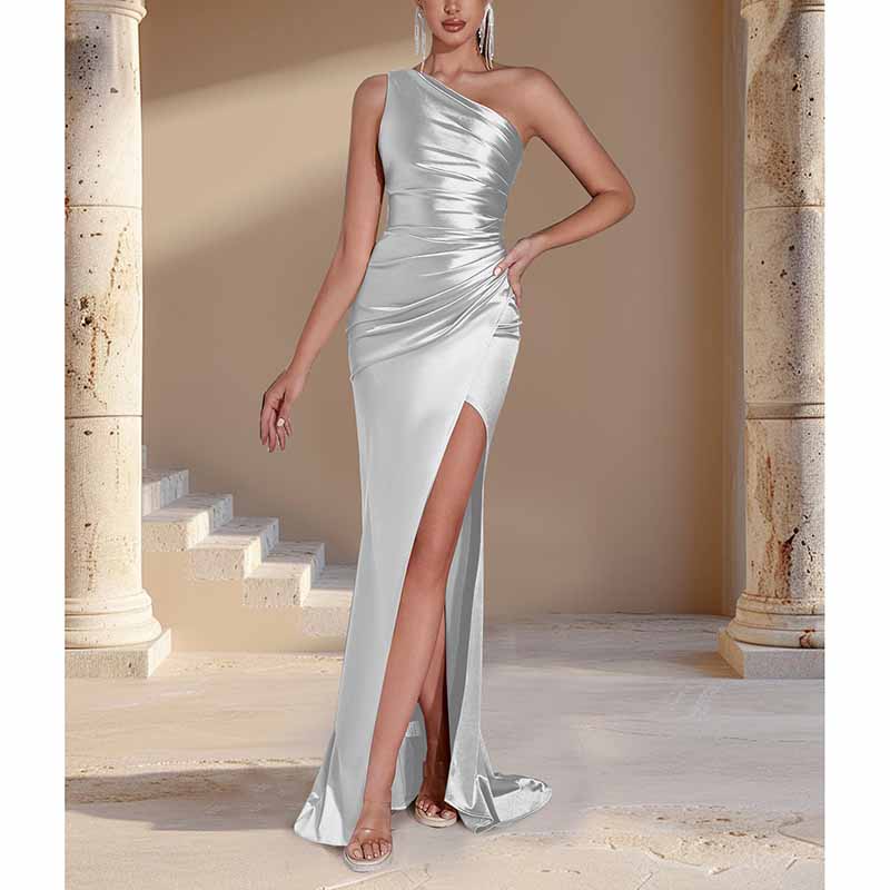 Mermaid One Shoulder Satin Dress | Long Split Prom Gown