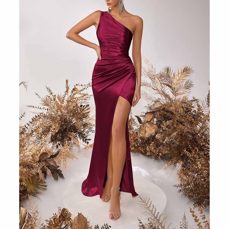 Mermaid One Shoulder Satin Dress | Long Split Prom Gown