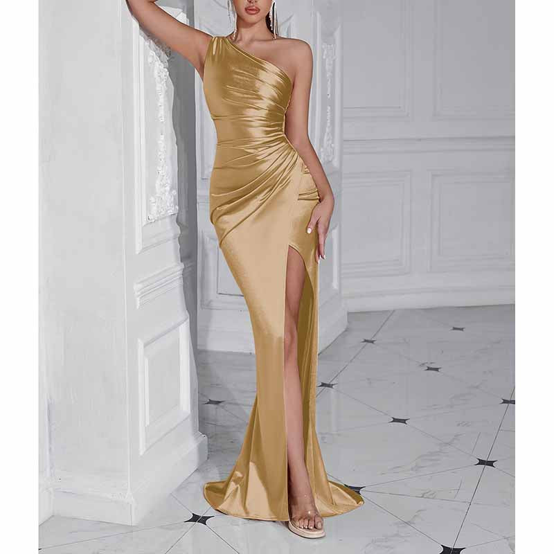 Mermaid One Shoulder Satin Dress | Long Split Prom Gown
