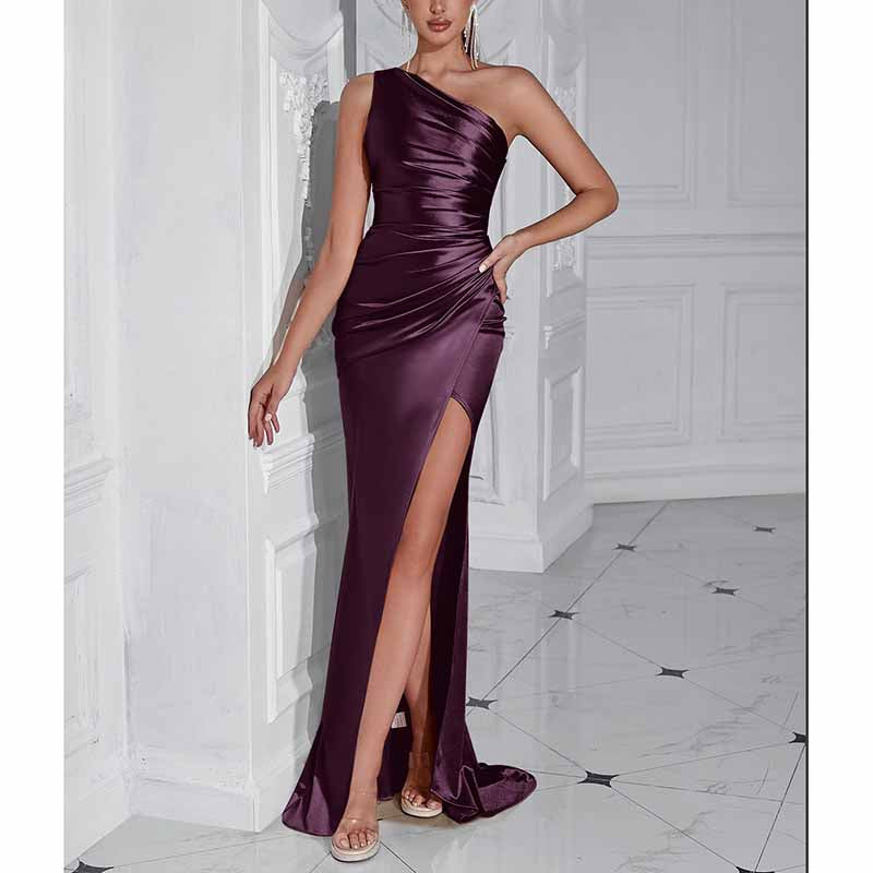 Mermaid One Shoulder Satin Dress | Long Split Prom Gown