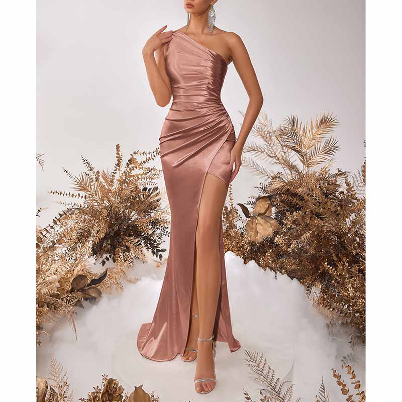 Mermaid One Shoulder Satin Dress | Long Split Prom Gown
