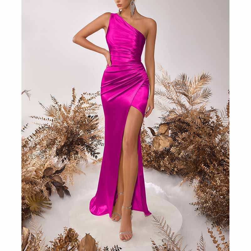 Mermaid One Shoulder Satin Dress | Long Split Prom Gown