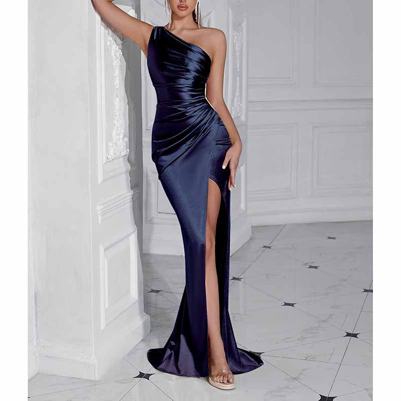 Mermaid One Shoulder Satin Dress | Long Split Prom Gown
