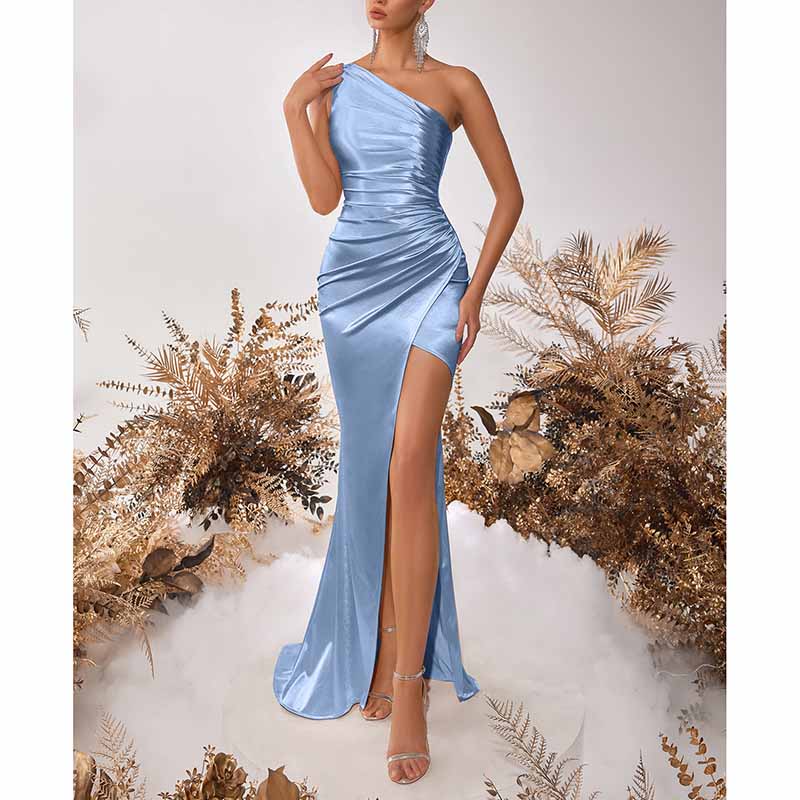 Mermaid One Shoulder Satin Dress | Long Split Prom Gown