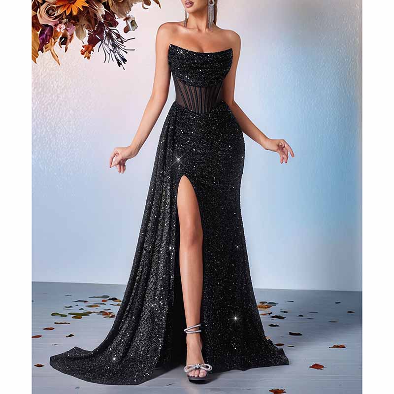 Sparkling Sequin Corset Dress | Long Split Prom Evening Gown