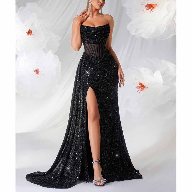 Sparkling Sequin Corset Dress | Long Split Prom Evening Gown