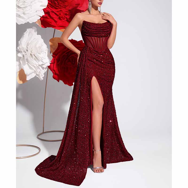 Sparkling Sequin Corset Dress | Long Split Prom Evening Gown
