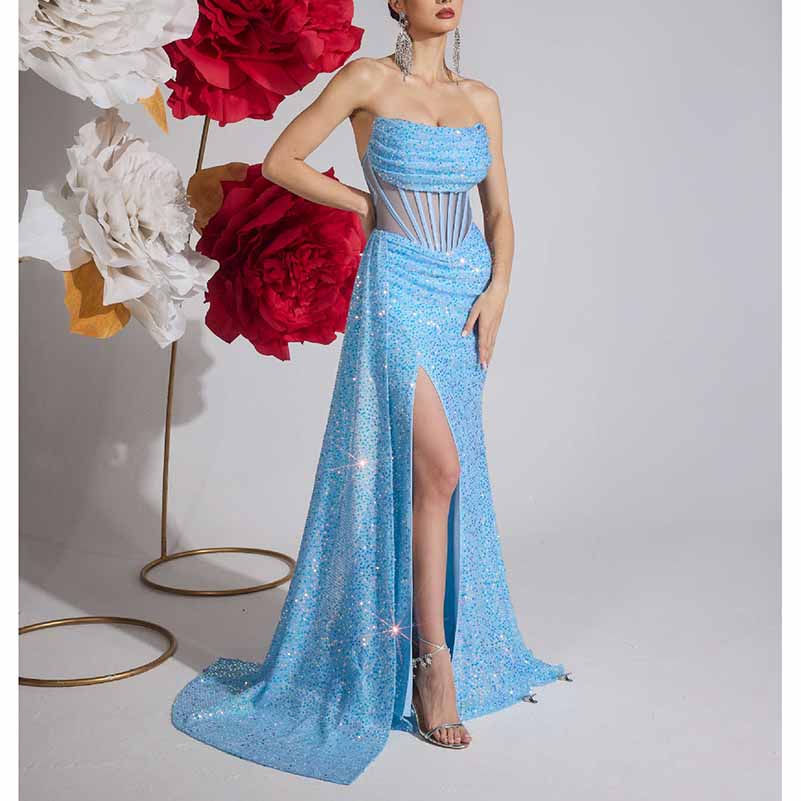 Sparkling Sequin Corset Dress | Long Split Prom Evening Gown