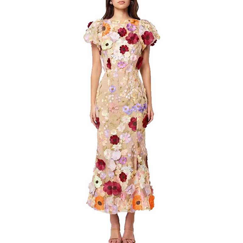 Short Sleeve Floral Wedding Guest Dress Trendy Midi Dress