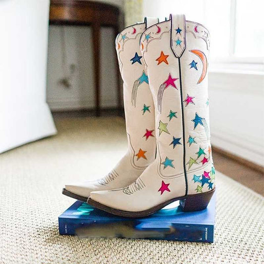 Women Stars Embroidered Cowboy Boots Trendy Chunky Knee High Cowgirl Boots