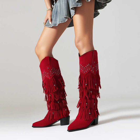 Vintage Tassel Boots Cowgirl Block Heel Pointy Toe Pull On Knee High Boots