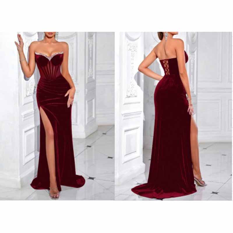 Sweetheart Corset With Rhinestone Detail Velvet Dress | Evening Gown