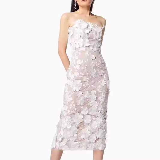 Strapless Floral Wedding Guest Dress Trendy Midi Dress