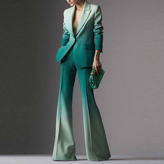 Green Gradient Pantsuit Ombre Blazer Mid-High Rise Flare Trousers Suit Pants Suit