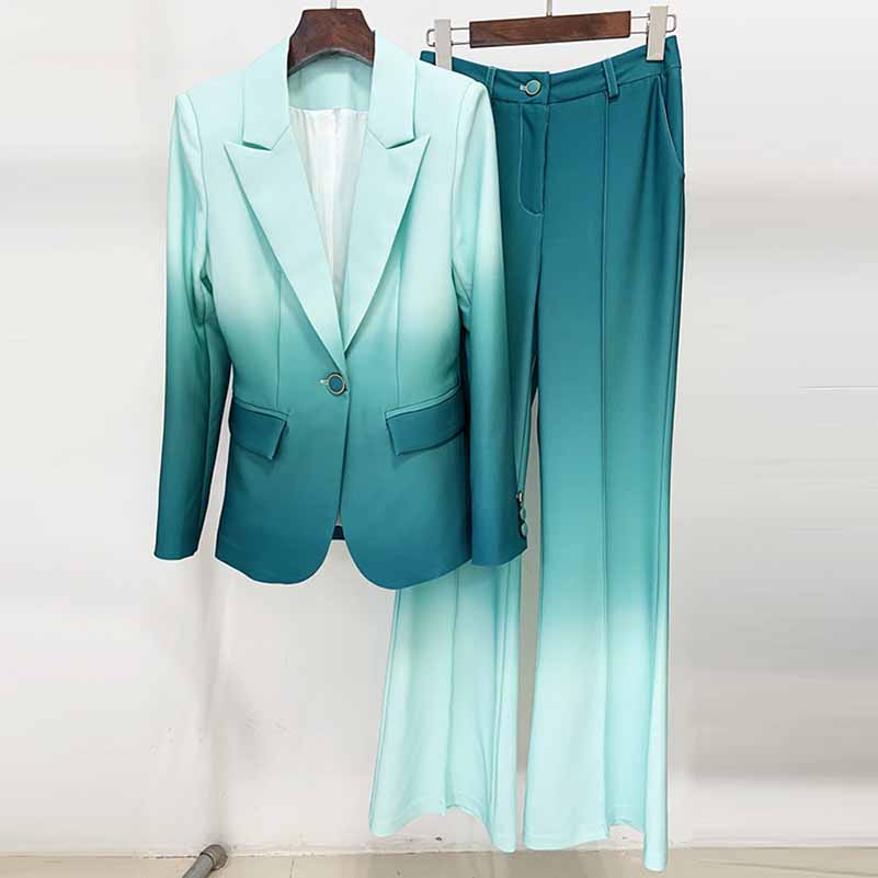 Gradient Pantsuit Blazer Mid-High Rise Flare Trousers Suit Pants Suit
