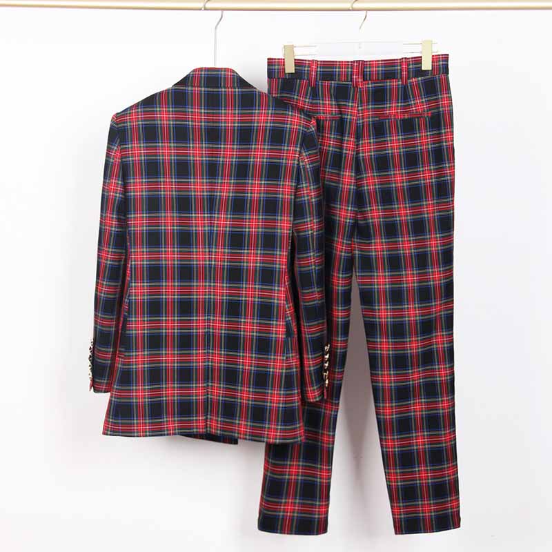 Red Plaid Pantsuit Double Breasted Fashion Suit Checked Ladies Pantsuits